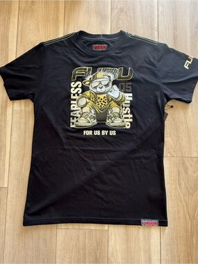 FUBU Black Short-Sleeve Graphic Tee with Gold and Cream Bear